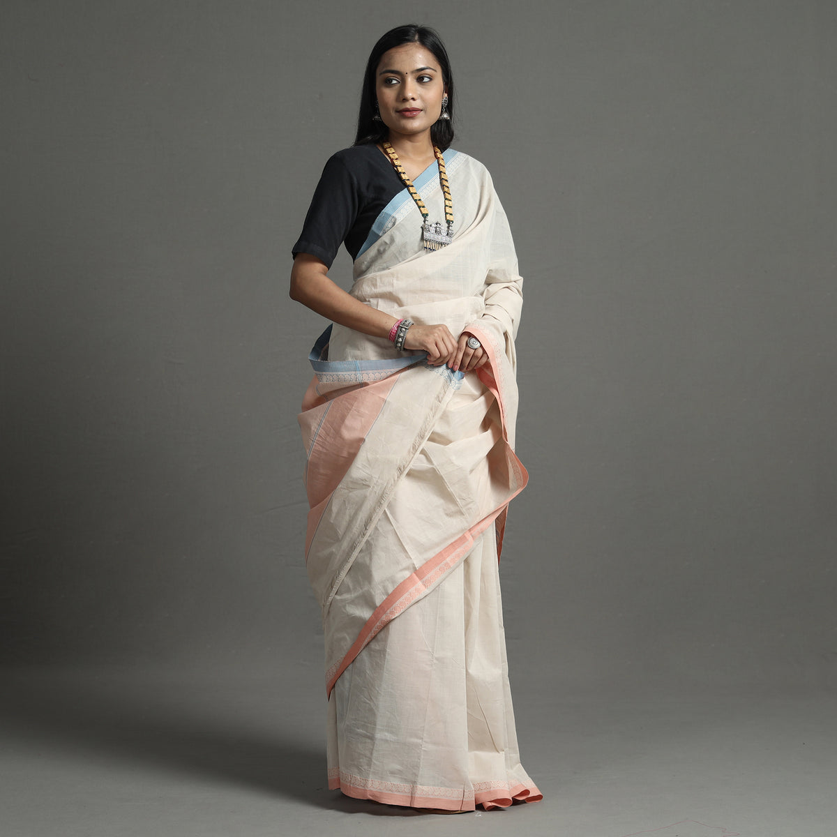 White - Pure Handloom Natural Dyed Dobby Cotton Saree 01