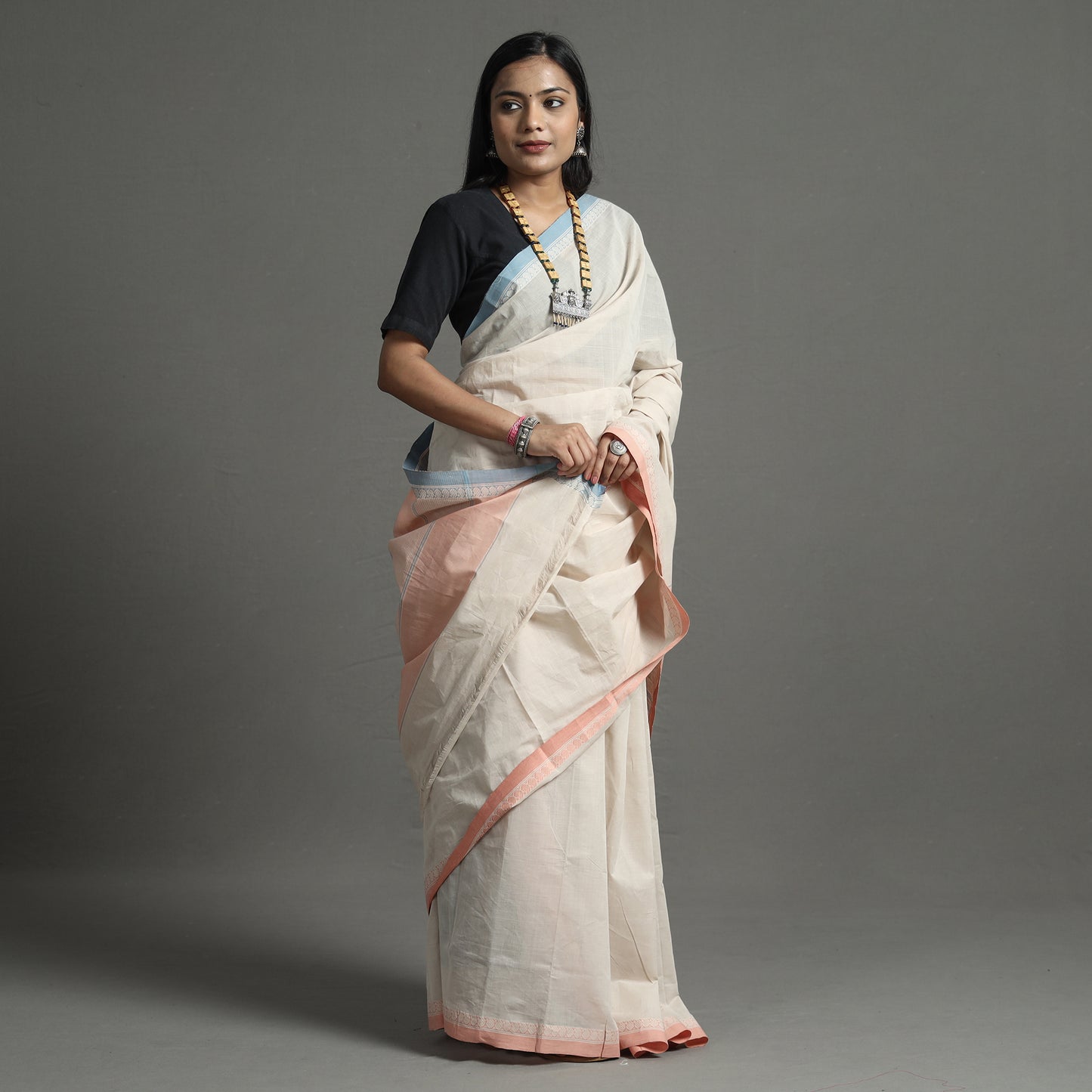 White - Pure Handloom Natural Dyed Dobby Cotton Saree 01