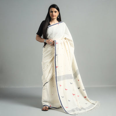 White - Phulia Jamdani Handloom Cotton Saree with Tassels