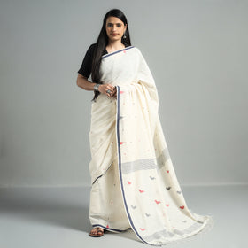 White - Phulia Jamdani Handloom Cotton Saree with Tassels