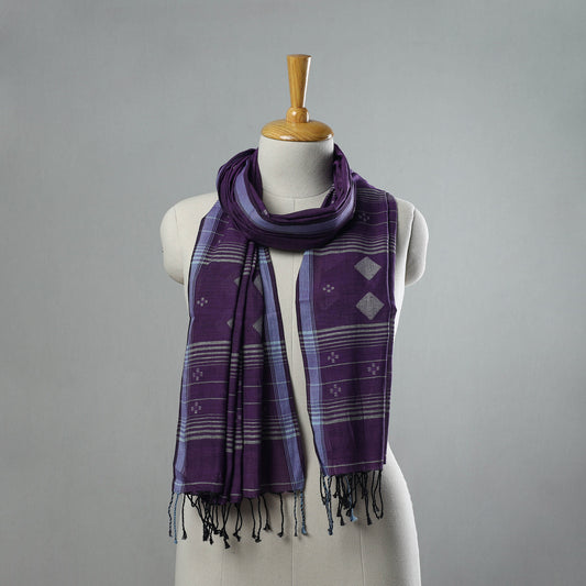 Purple - Pure Cotton Phulia Jamdani Handloom Stole with Tassels 07