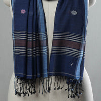 Blue - Pure Cotton Phulia Jamdani Handloom Stole with Tassels 08