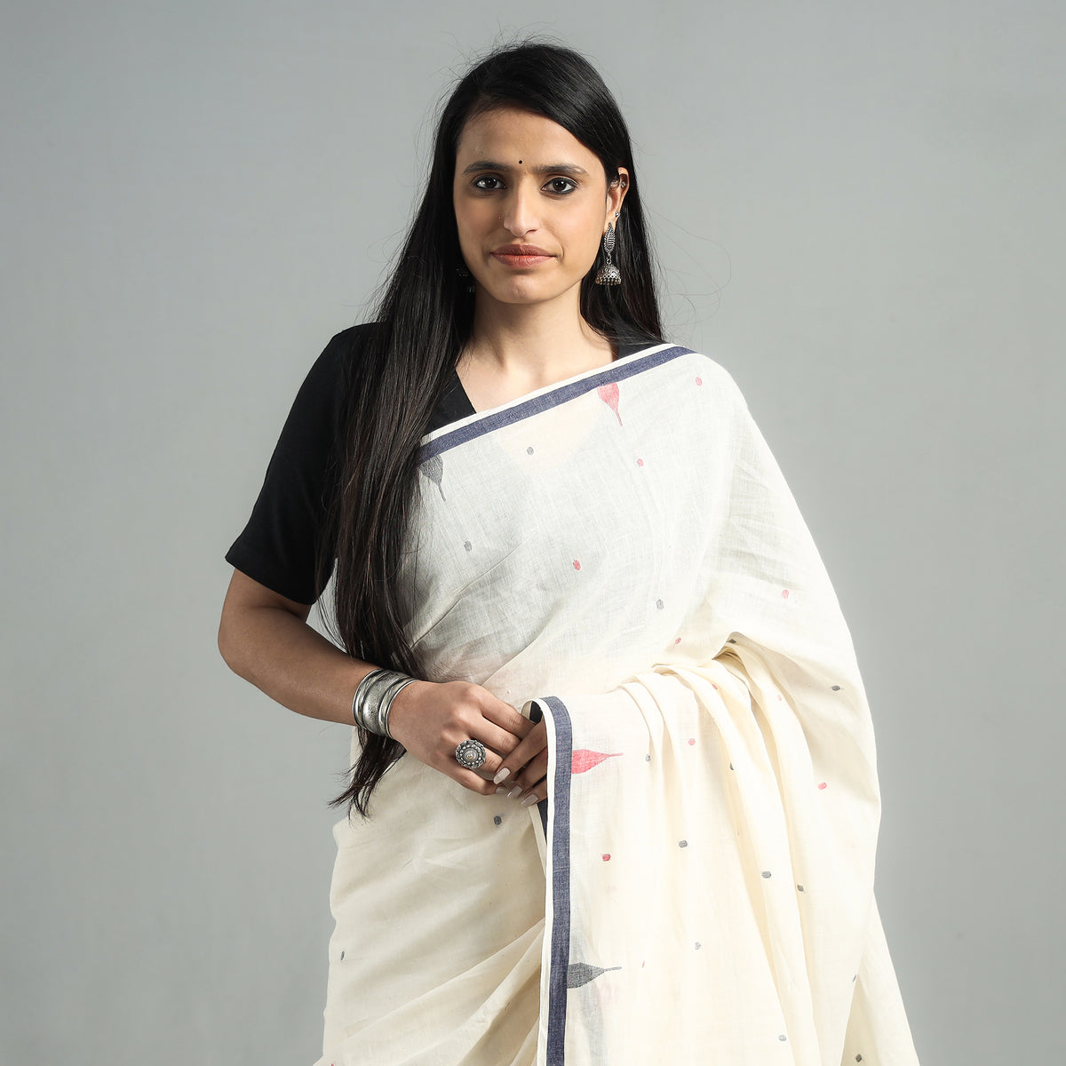 White - Phulia Jamdani Handloom Cotton Saree with Tassels