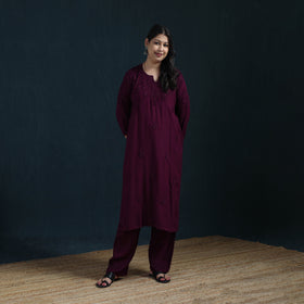 Purple - Hand Embroidered Rayon Chikankari Kurta with Pant Set for Women 02