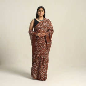 Brown - Kutch Bandhani Tie-Dye Cotton Saree with Blouse Piece