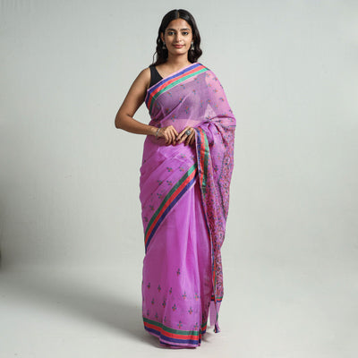 Purple - Kashidakari Hand Embroidery Pure Kota Silk Saree with Zari Border 03