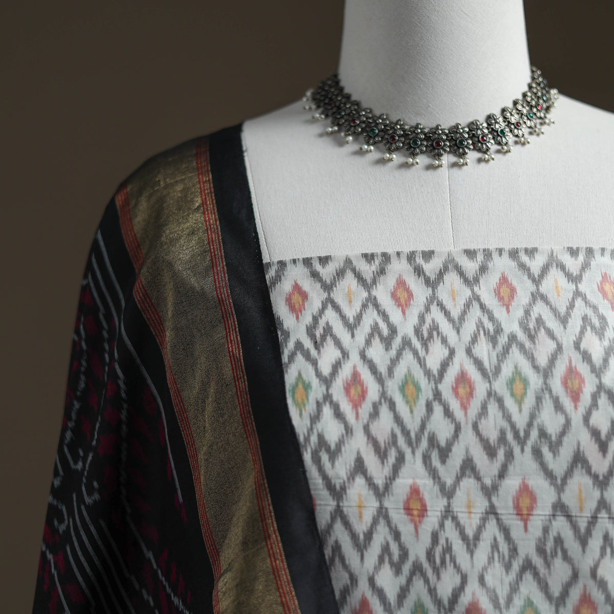 Pochampally Ikat Handloom Sico Unstitched Dress Material: Kurta with Dupatta 21
