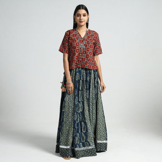 Blue - Ajrakh Block Printed 24 Kali Patchwork Cotton Long Skirt
