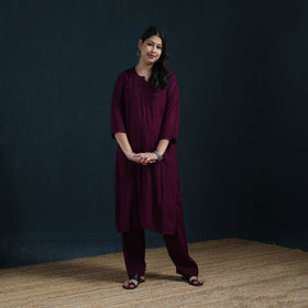 Purple - Hand Embroidered Rayon Chikankari Kurta with Pant Set for Women 02
