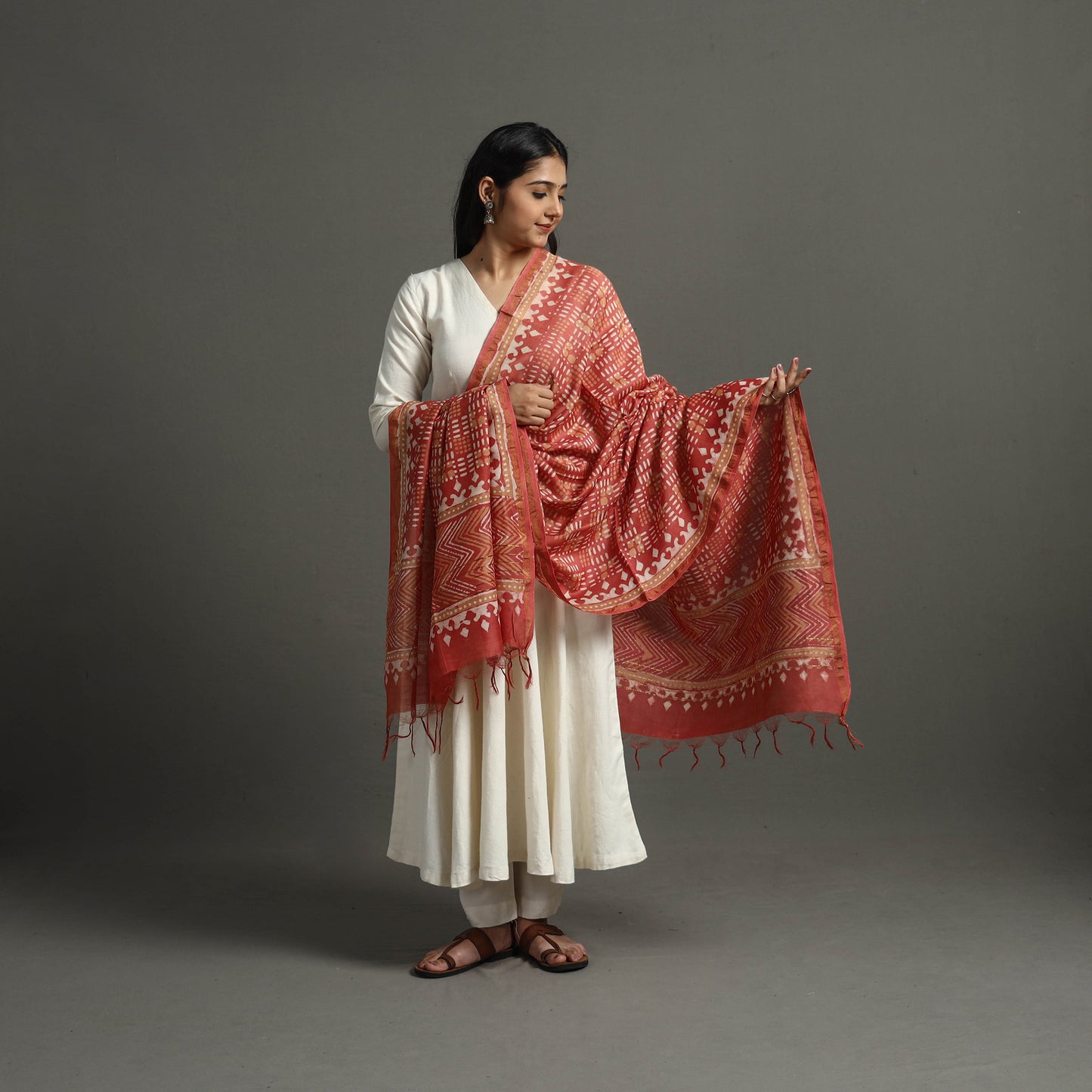 Maroon - Block Printed Chanderi Silk Bagru Dupatta 48