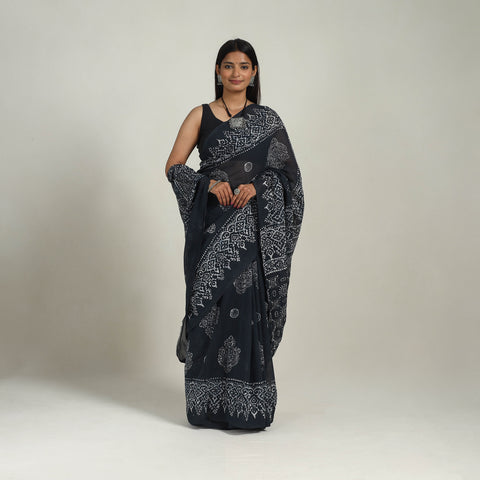 Black - Cotton Hand Batik Print Saree 02