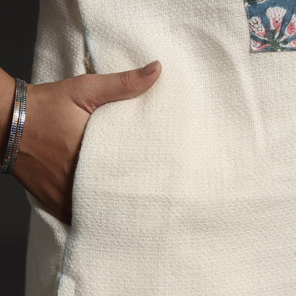 White - Cream - Kumaun Handwoven Merino Wool with Sanganeri Patchwork Long Straight Kurta