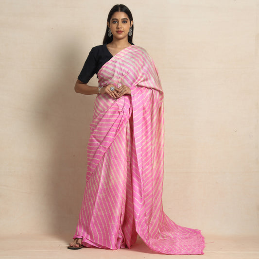 Pink - Leheriya Tie-Dye Tussar Silk Handloom Saree