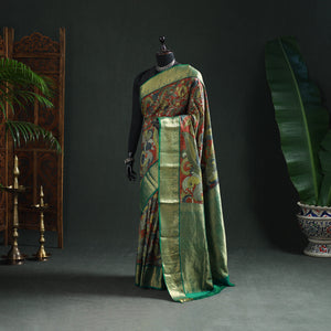 Red - Kanjeevaram Pure Handloom Mulberry Silk Handpainted Srikalahasti Pen Kalamkari Saree with Zari Work 20