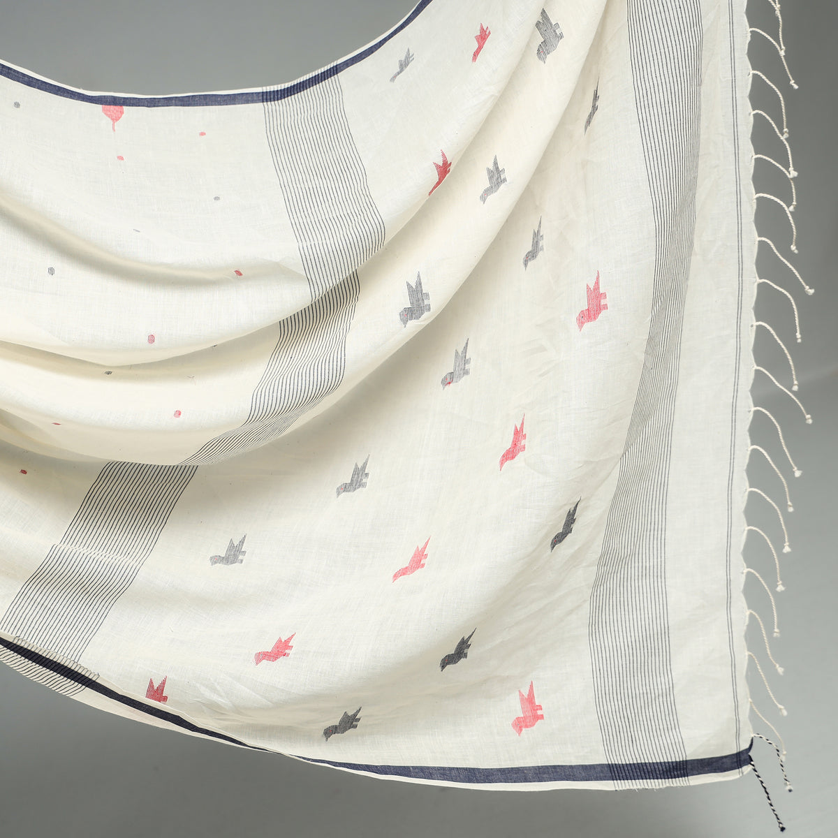White - Phulia Jamdani Handloom Cotton Saree with Tassels