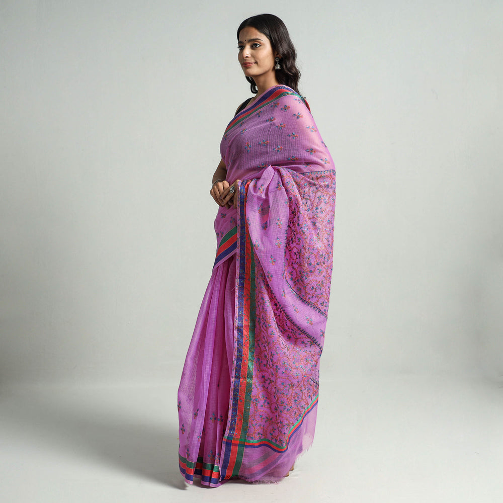 Purple - Kashidakari Hand Embroidery Pure Kota Silk Saree with Zari Border 03