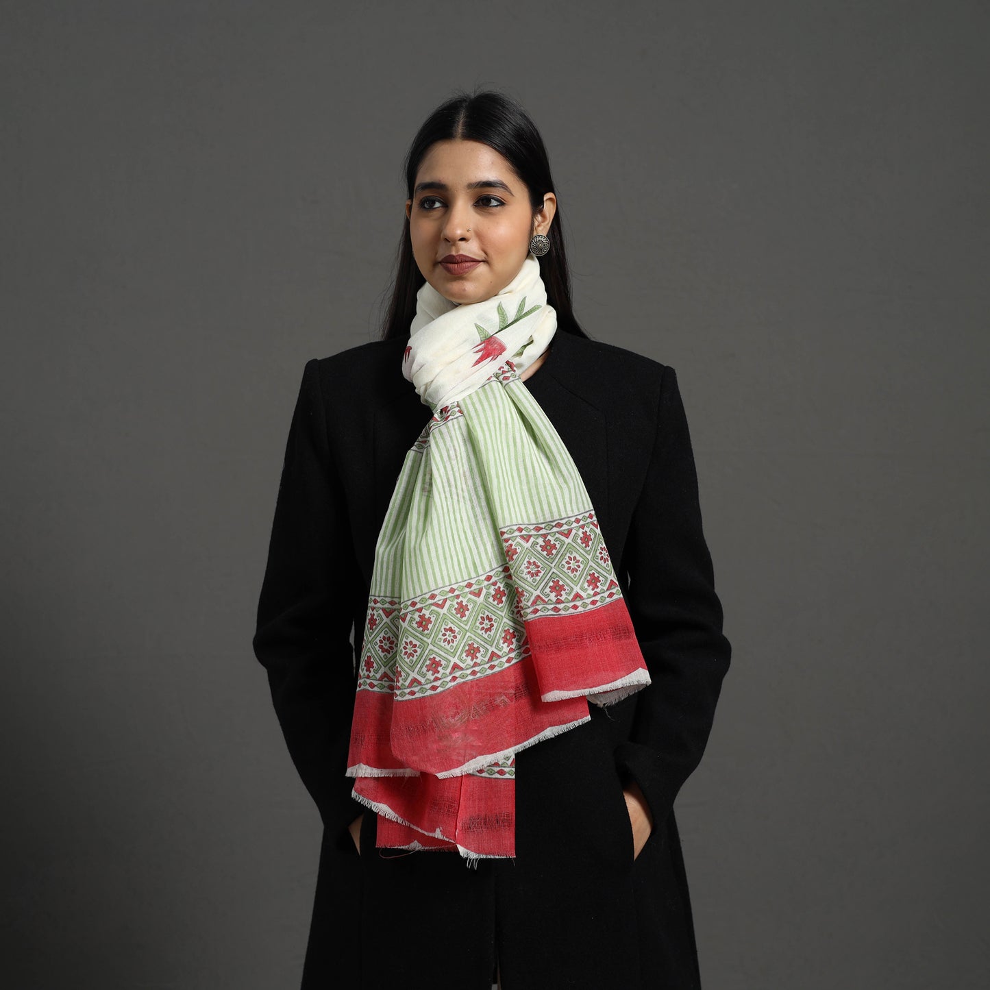 Buy Green Pure Wool Block Print Sanganeri Stole