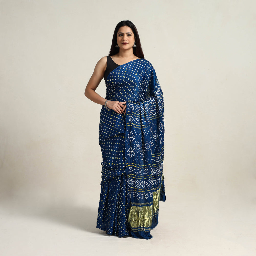 Blue - Kutch Tie-Dye Gajji Silk Bandhani Saree with Blouse Piece 14