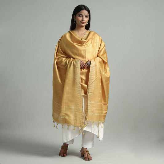 Yellow - Golden Jamdani Buti Mulberry Silk Handloom Dupatta with Tassels 30