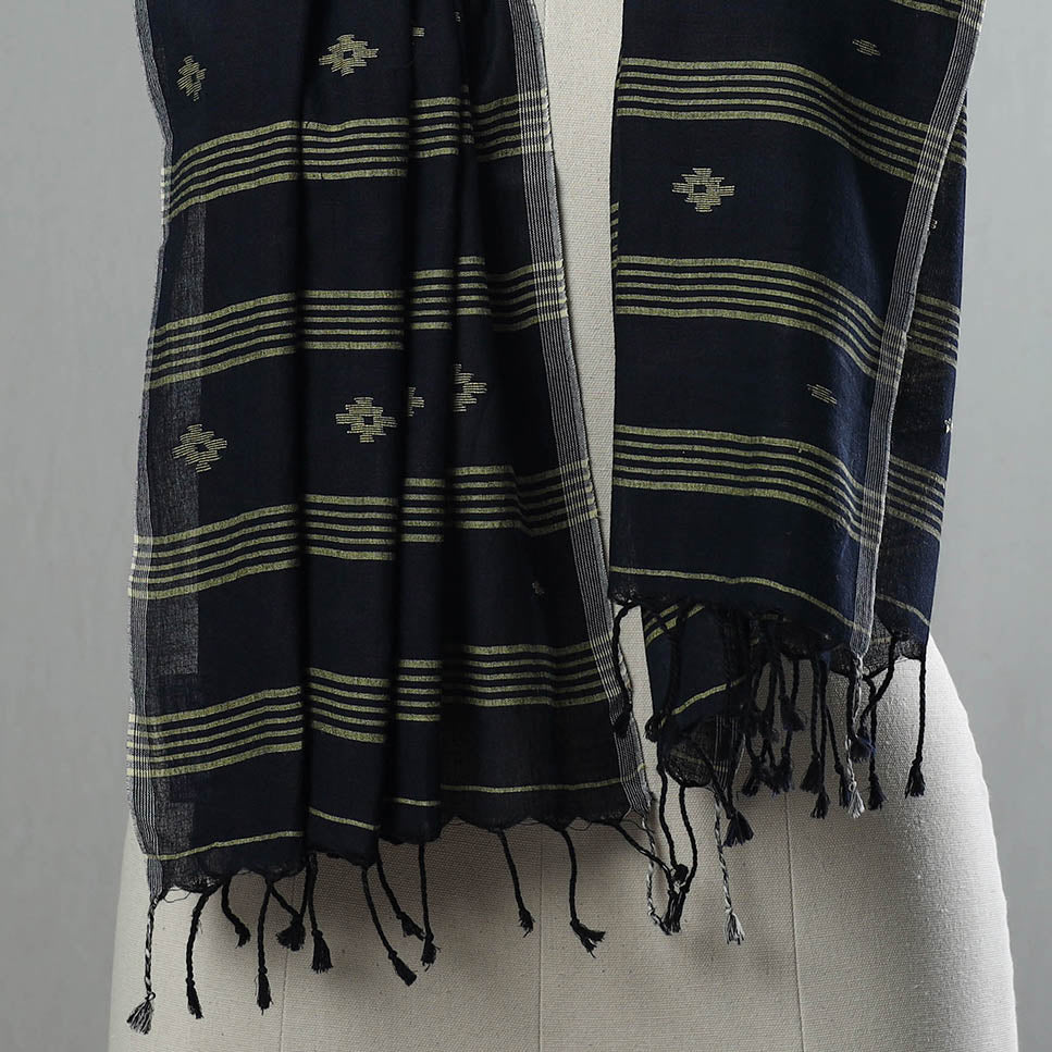 Blue - Pure Cotton Phulia Jamdani Handloom Stole with Tassels 11