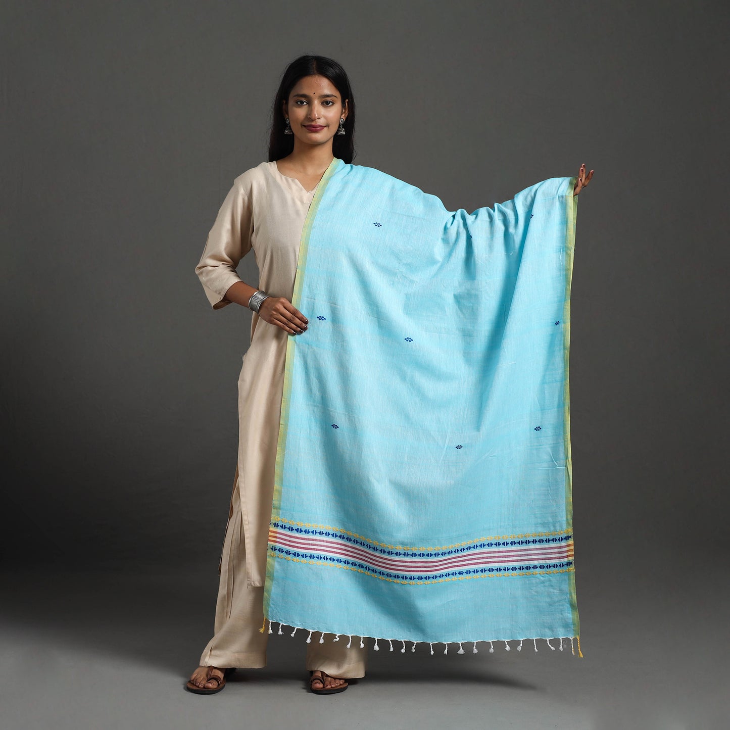 Blue - Assam Weave Thread Buti Cotton Handloom Dupatta 01