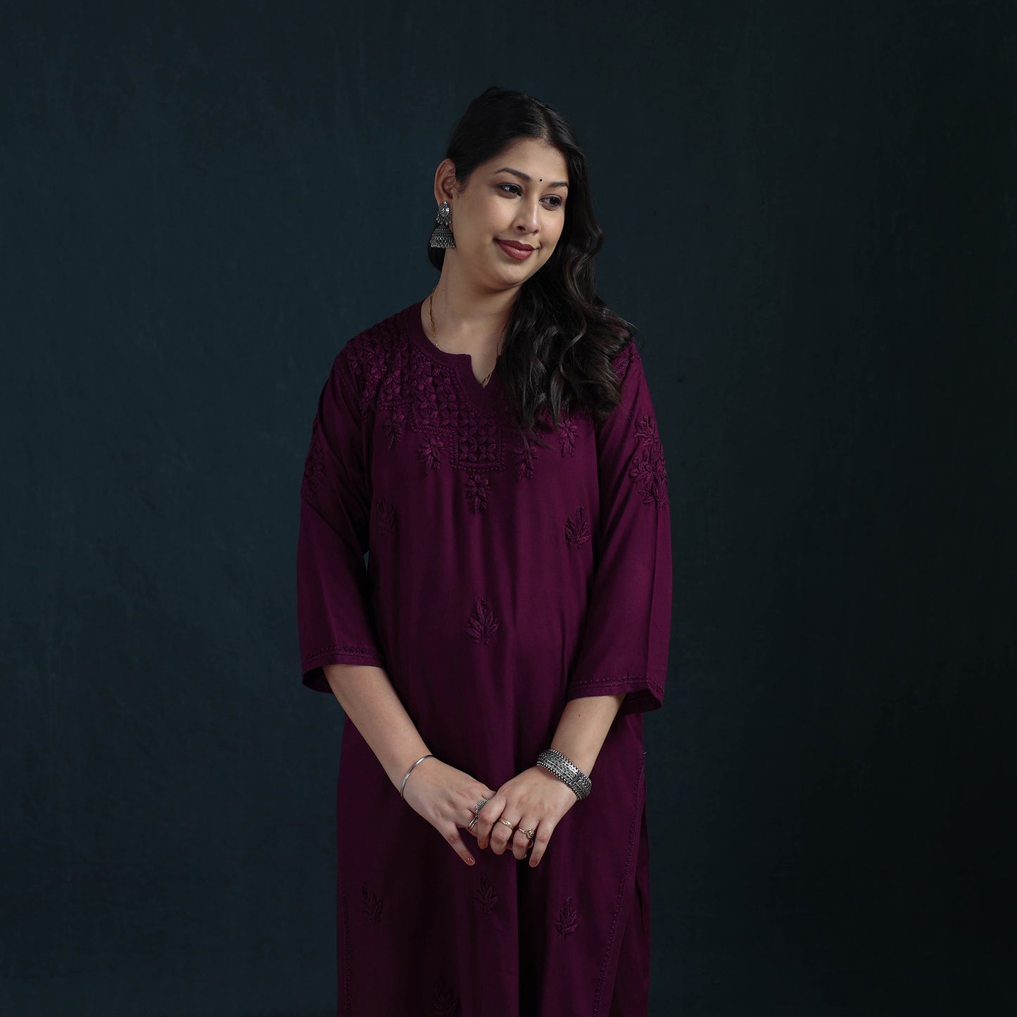 Purple - Hand Embroidered Rayon Chikankari Kurta with Pant Set for Women 02