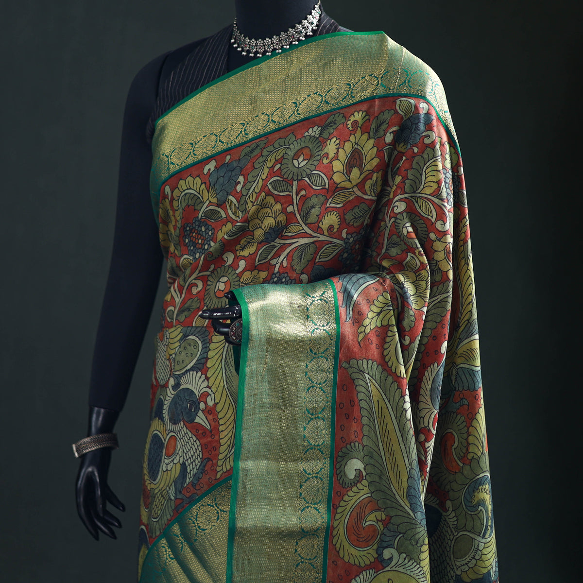 Kanjeevaram Pure Handloom Mulberry Silk Handpainted Srikalahasti Pen Kalamkari Saree with Zari Work 20