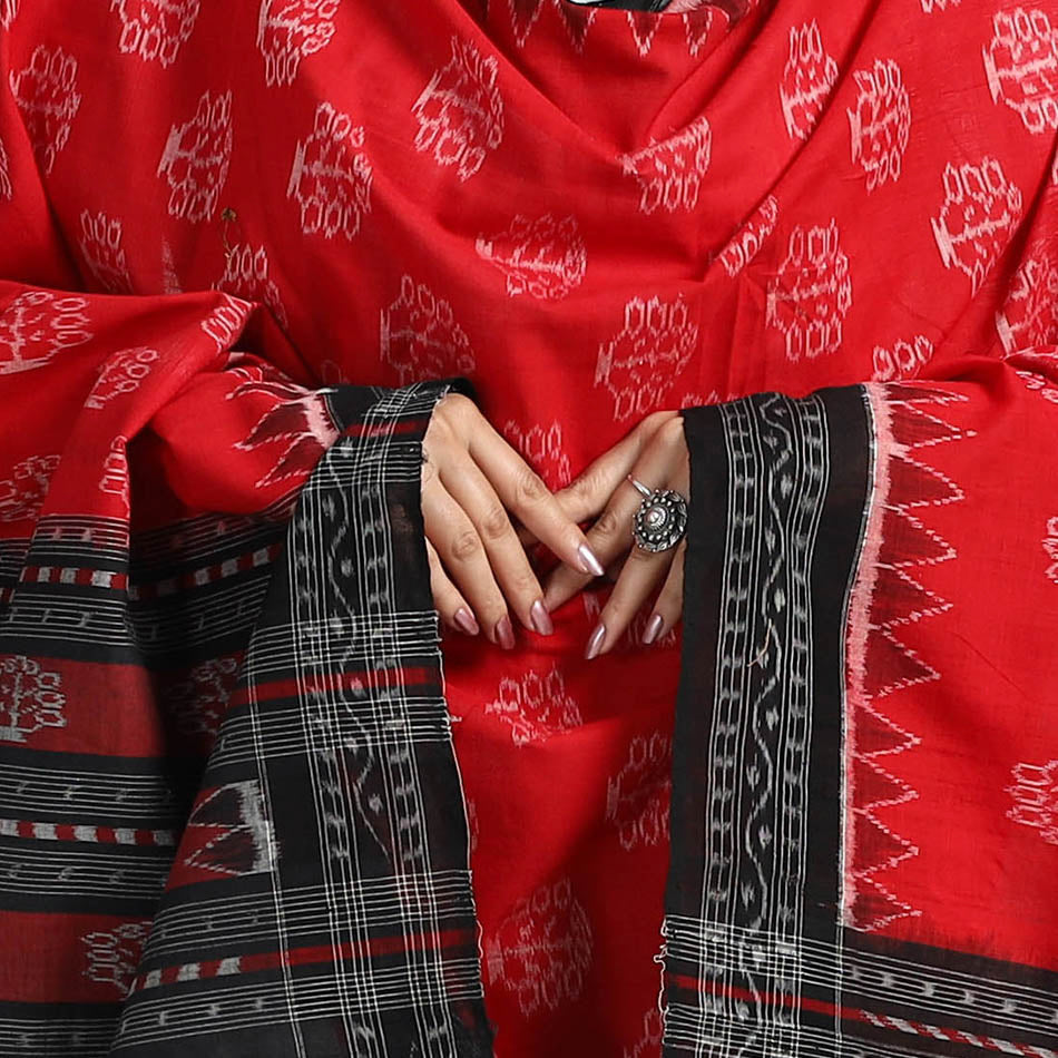 Red - Sambalpuri Ikat Weave Handloom Cotton Dupatta 11