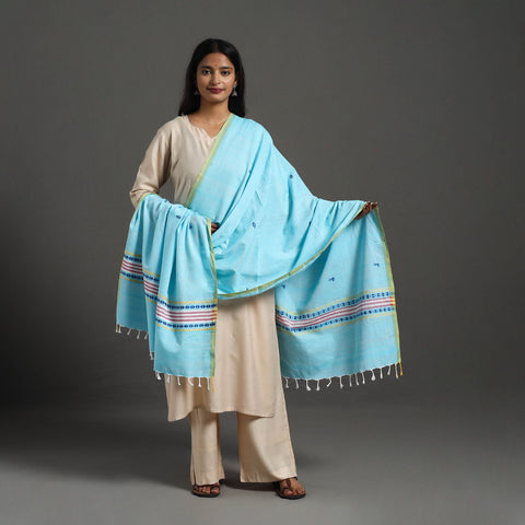 Blue - Assam Weave Thread Buti Cotton Handloom Dupatta 01