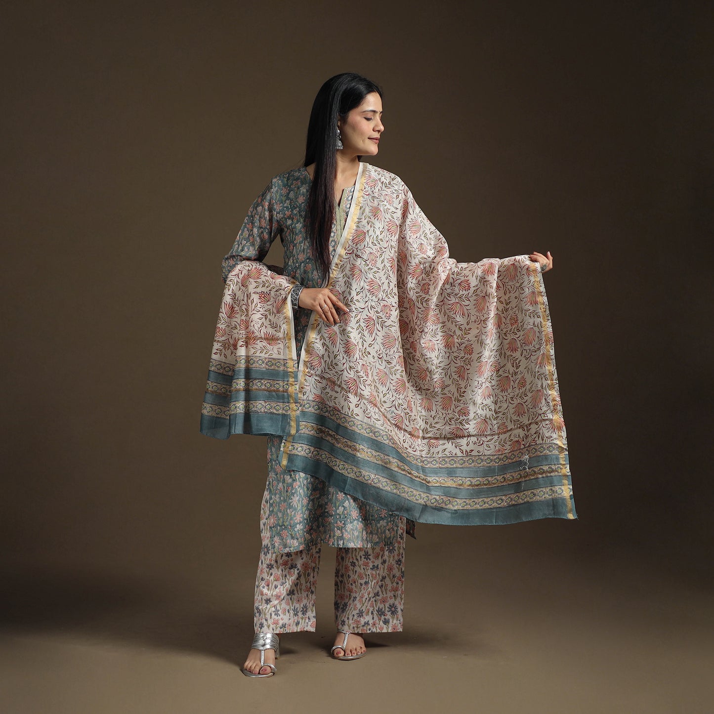Gota Work Sanganeri Hand Block Print Chanderi Silk Suit Set with Dupatta for Women 08