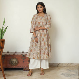 Pedana Kalamkari Block Print Cotton Pintuck Kurta For Women