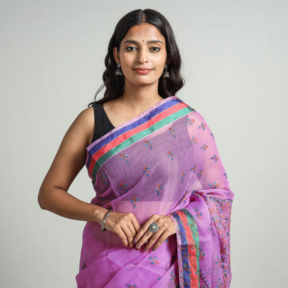 Purple - Kashidakari Hand Embroidery Pure Kota Silk Saree with Zari Border 03