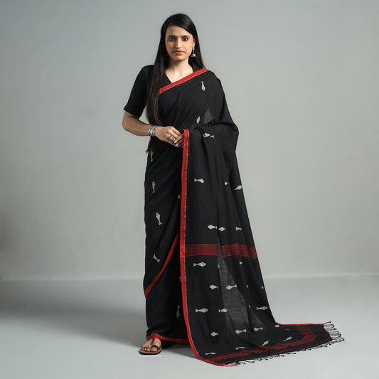 Black with White Fish Phulia Bengal Jamdani Handwoven Cotton Saree