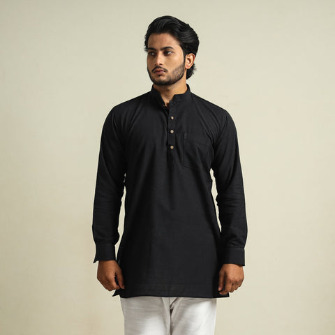 Black - Plain Handloom Cotton Men Short Kurta