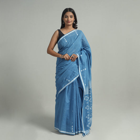 Blue - Handloom Cotton Phulia Jamdani Saree with Tassels 01