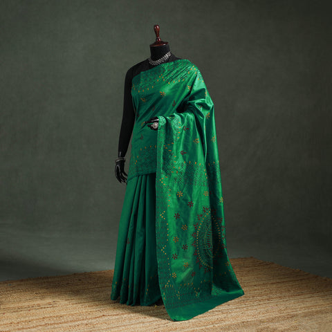 Green - Bengal Nakshi Kantha Hand Embroidered Silk Saree 42