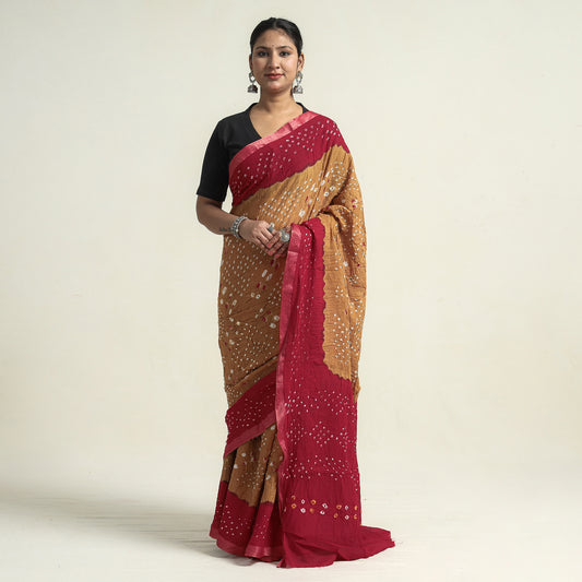 Red - Kutch Bandhani Tie-Dye Cotton Saree with Blouse Piece