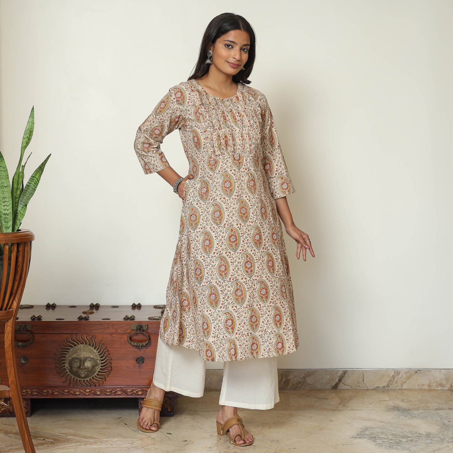 Beige - Pedana Kalamkari Hand Block Printed Cotton Pintuck A-Line Kurta 57