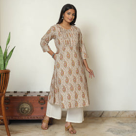 Pedana Kalamkari Block Print Cotton Pintuck Kurta For Women