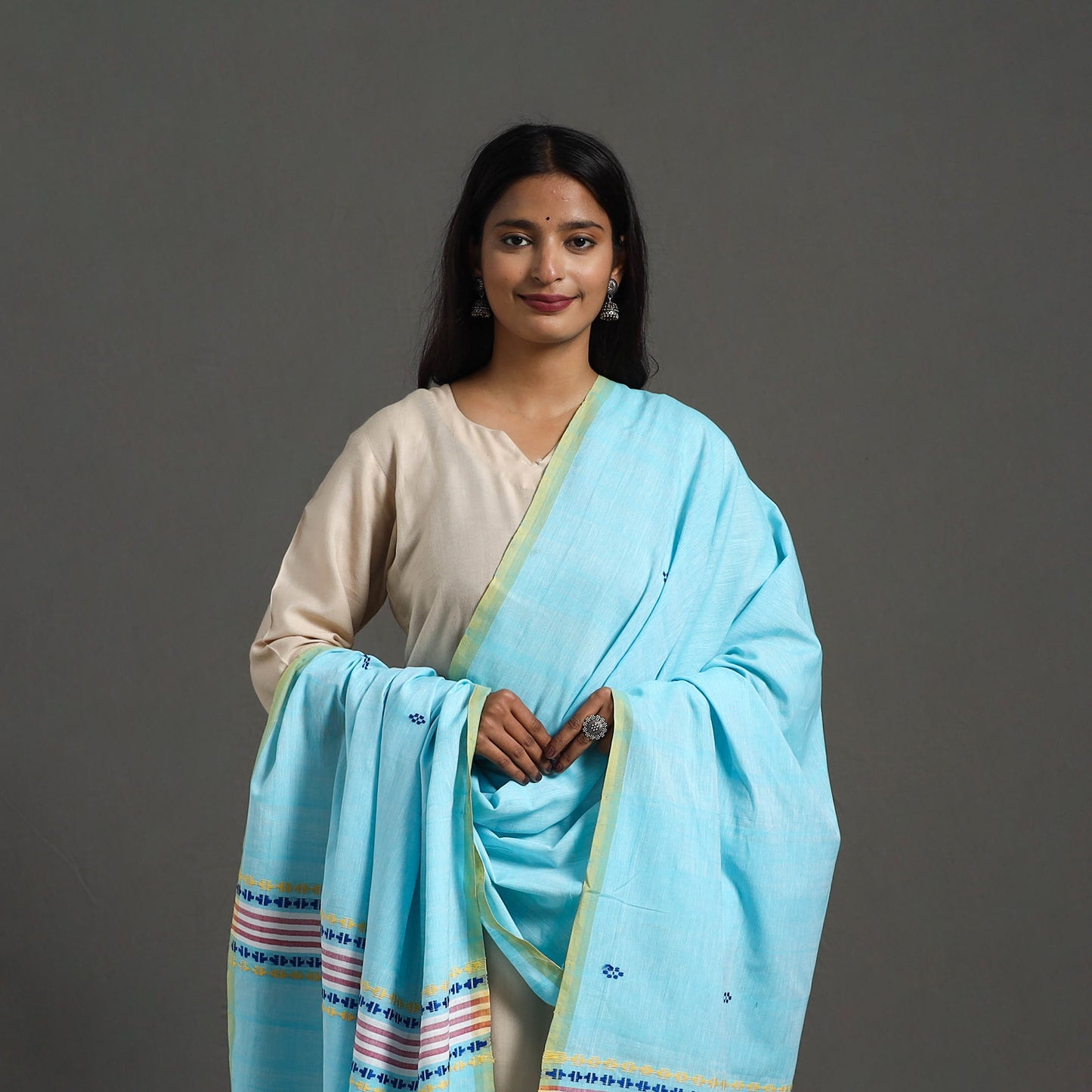 Blue - Assam Weave Thread Buti Cotton Handloom Dupatta 01