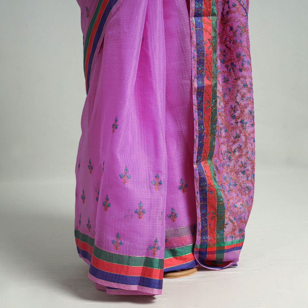 Purple - Kashidakari Hand Embroidery Pure Kota Silk Saree with Zari Border 03