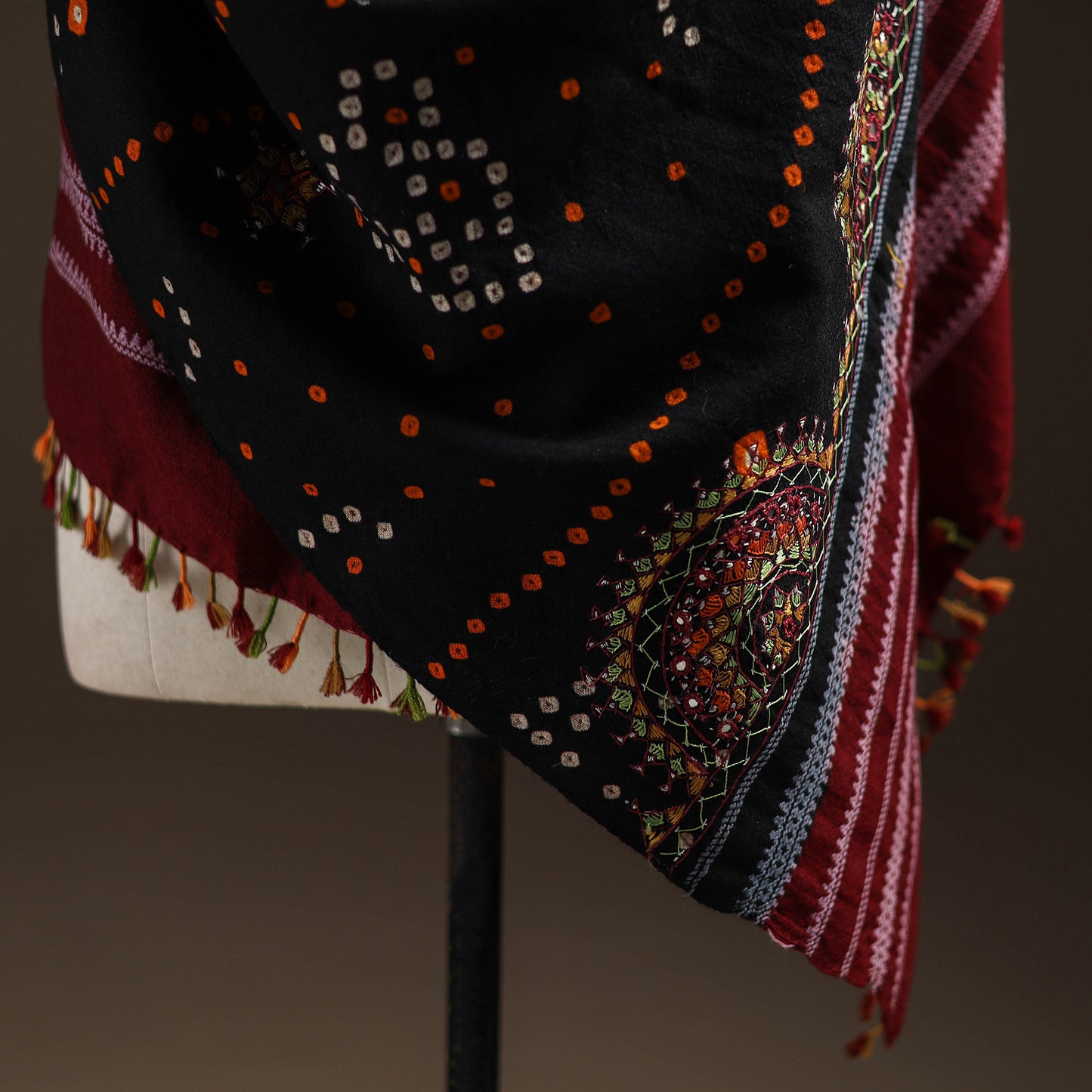 Kutch Bandhani Handwoven Neran Hand Embroidery Merino Wool Shawl 49