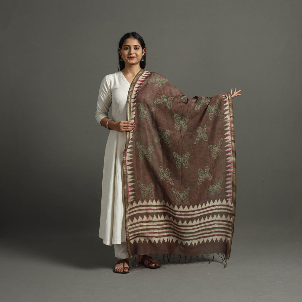 Brown - Block Printed Chanderi Silk Bagru Dupatta 50