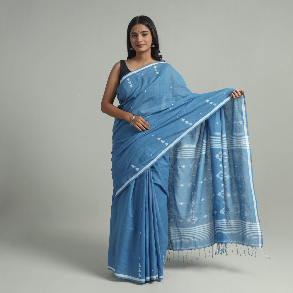 Blue - Handloom Cotton Phulia Jamdani Saree with Tassels 01