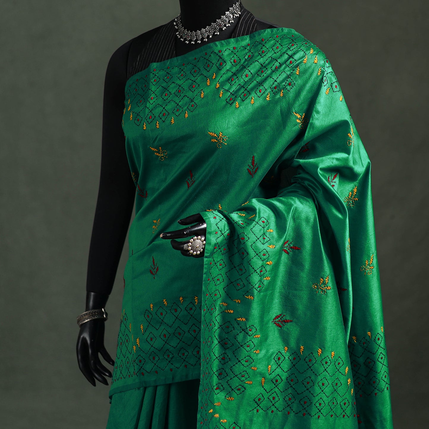 Green - Bengal Nakshi Kantha Hand Embroidered Silk Saree 42