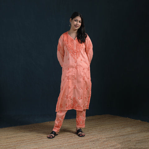 Peach - Hand Embroidered Rayon Cotton Chikankari Kurta with Pant Set for Women 14