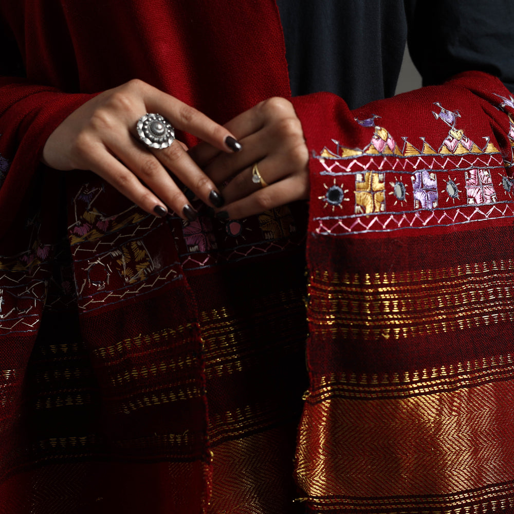 Red - Kutch Neran Hand Embroidery Mirror Work Woollen Shawl 67