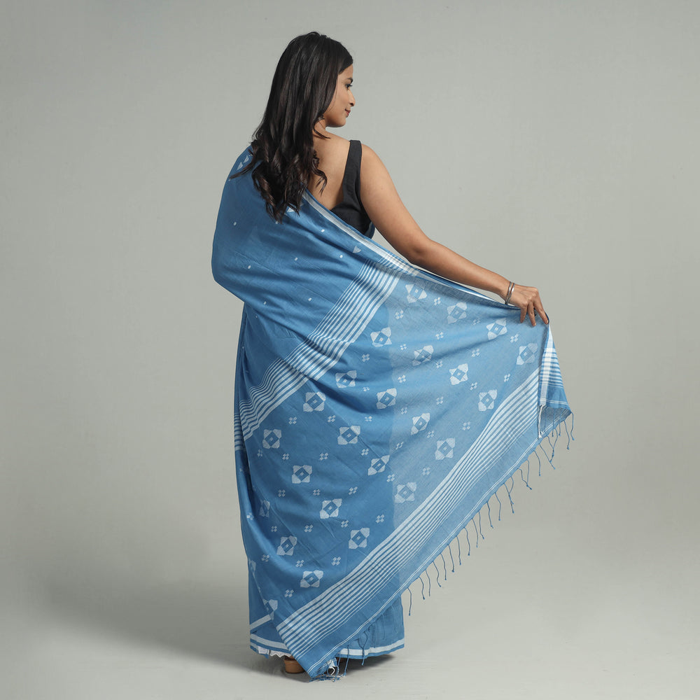 Blue - Handloom Cotton Phulia Jamdani Saree with Tassels 01