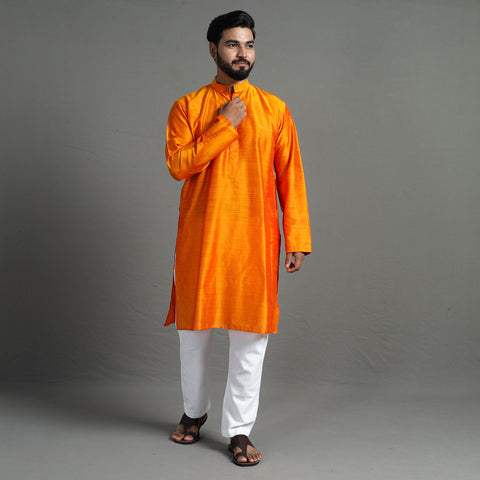 Light Orange - Plain Dyed Slub Silk Men Long Kurta