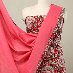 Red - 3pc Cotton Bagru Print Kurta with Plain Dupatta 04